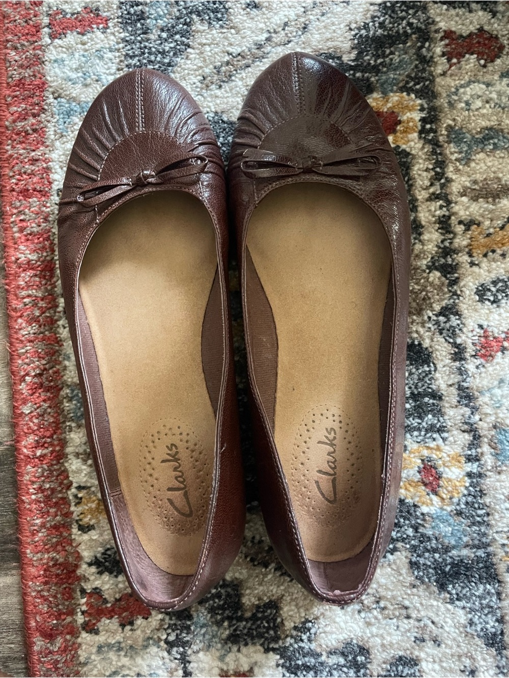 Clarks Brown Leather Ruched Ballet Flats with Bow